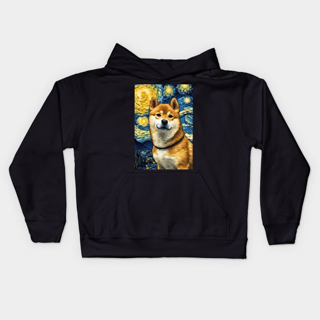 Cute Shiba Inu Dog Breed Painting in a Van Gogh Starry Night Art Style Kids Hoodie by Art-Jiyuu